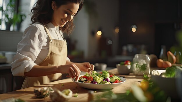 写真 女性がキッチンでサラダを調理する 美味しくて健康的な食事のためのシンプルなステップ 世界健康デー