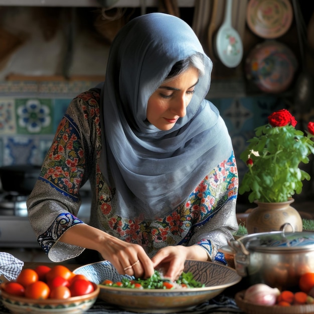 Photo a woman preparing a special iftar dish in the kitchen