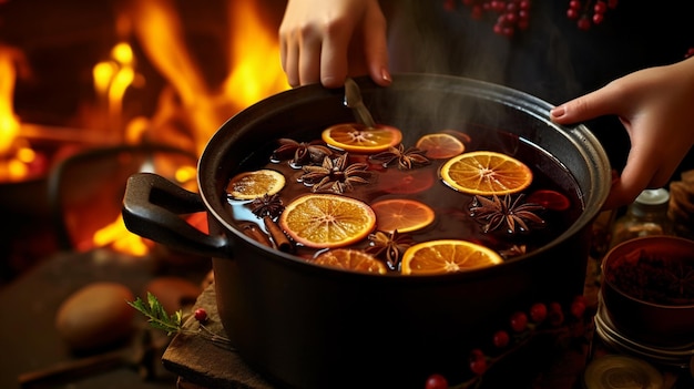 Foto donna che prepara un gustoso vino bollito in cucina bevanda tradizionale di natale