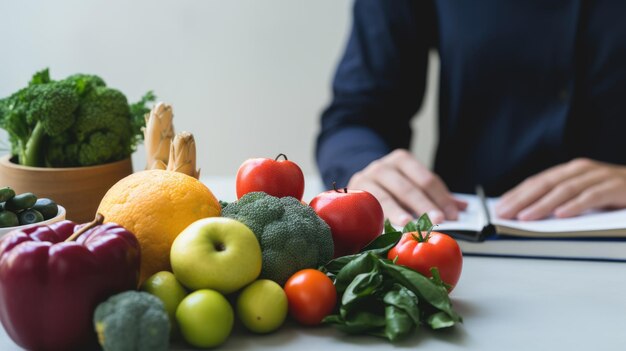 写真 台所のテーブルに野菜を広げてダイエット計画を自分に処方する女性