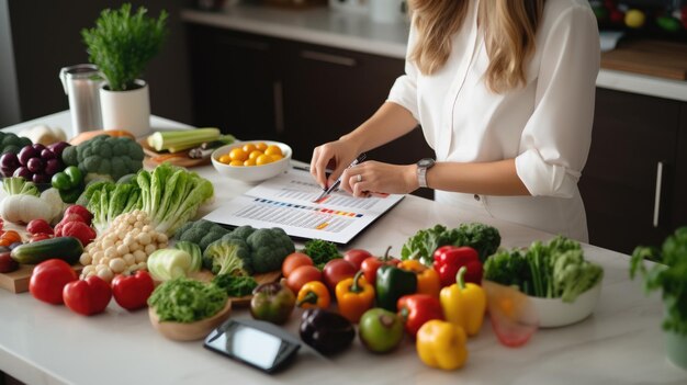 Женщина прописывает себе план диеты с овощами, разложенными на кухонном столе