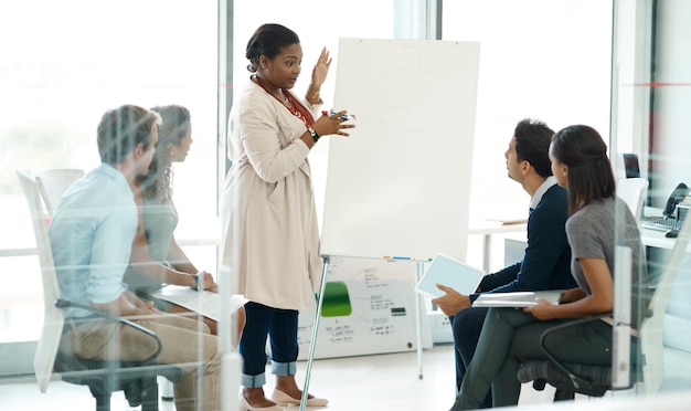 Woman presentation and people in boardroom meeting business planning and white board demonstration Presenter company and goals or idea with strategy collaboration with professional for project