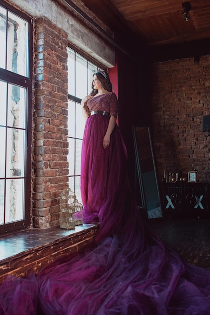 woman princess (queen) in long purple queen's dress and crown  