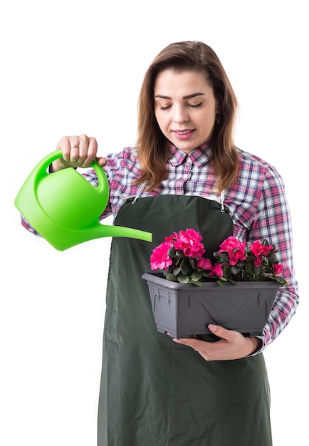 鍋に花を保持し、白い背景で隔離の園芸工具をエプロンで女性プロの庭師または花屋