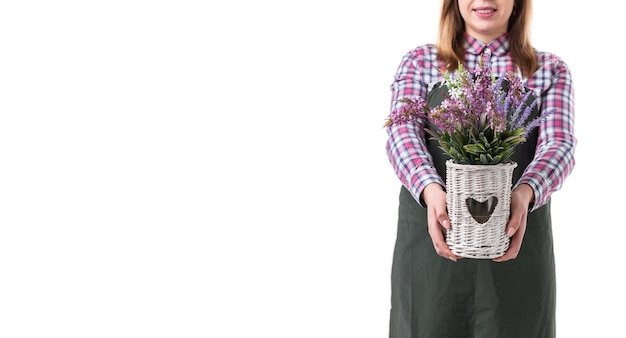 白い背景で隔離の鍋に花を保持しているエプロンの女性プロの庭師または花屋コピースペース