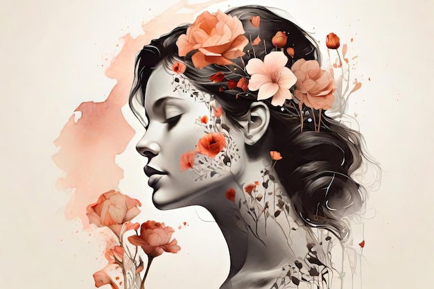 Профиль женщины и цветы в иллюстрации психического здоровья Сила, устойчивость и красота в сочетании