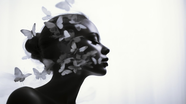 Woman profile with butterflies dispersing from head concept of mental health