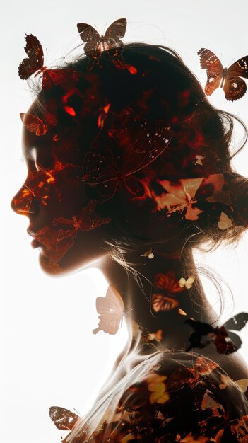 Woman profile with butterflies dispersing from head concept of mental health