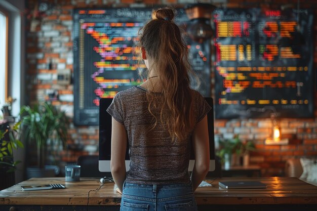 woman programmer selecting programming language sql php api and machine code for web development
