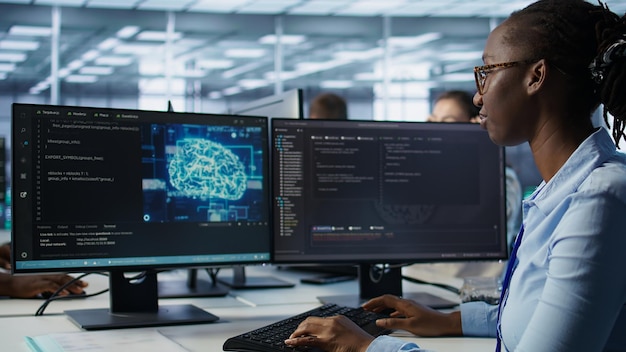 woman programming in ai data center close up