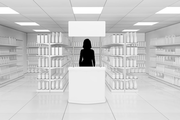 Woman Promoter Silhouette Behind of Blank Advertising Promotion Banner Stand near Market Shelving Rack with Blank Products or Goods in Clay Style as Supermarket Interior extreme closeup. 3d Rendering.