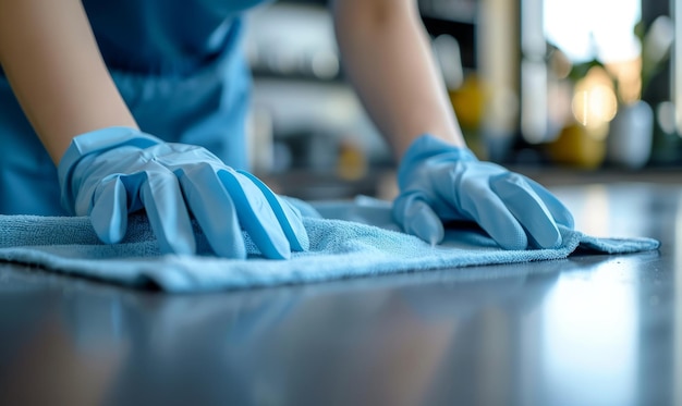 Woman in protective gloves cleaning kitchen table with rag