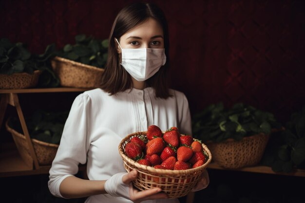 Woman in protective mask holding basket with strawberries