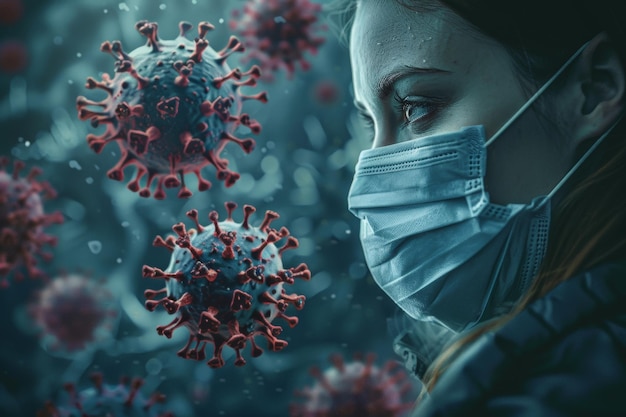 Woman in a protective mask with illustrative backdrop of virus particles