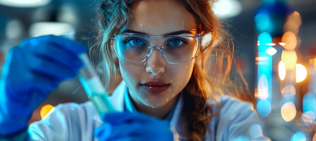 Foto donna con maschera protettiva lavora con biomateriali in un laboratorio sterile