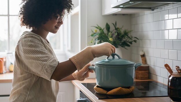 Photo woman in protective oven glove putting ceramic pot on a pota potholder side view