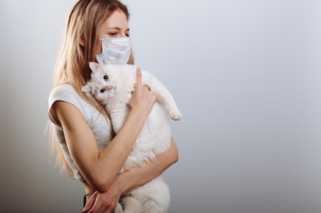 Woman in protective surgical mask holds cat pet in face mask. Chinese Coronavirus disease COVID-19 is dangerous for pets.