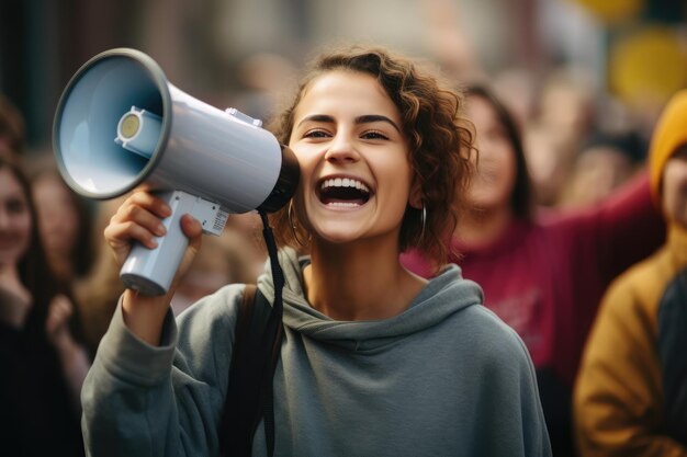 Woman protesting in a march and demonstration with a megaphone