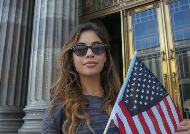 Foto la donna tiene orgogliosamente la bandiera americana fuori dall'edificio.