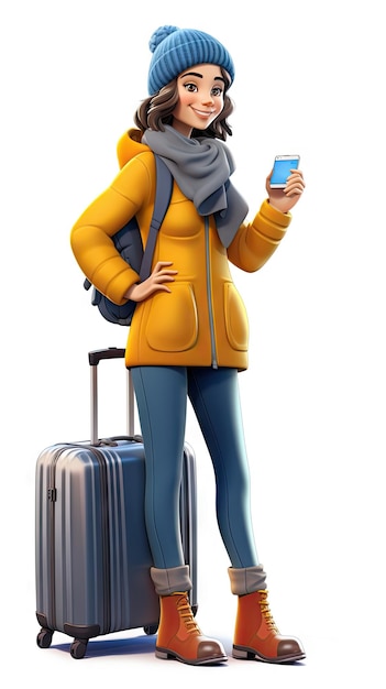 Woman pulling suitcase wearing winter clothes