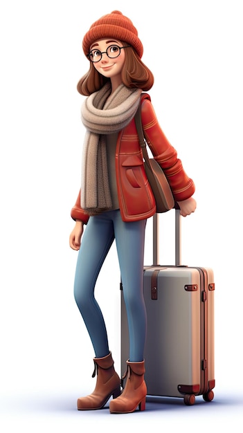 冬の服を着たスーツケースを引っ張る女性