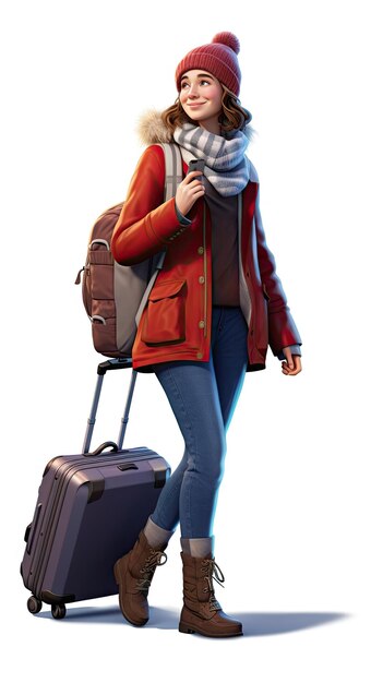 Woman pulling suitcase wearing winter clothes