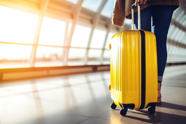 Woman pulling yellow suitcase in airport terminal generative ai