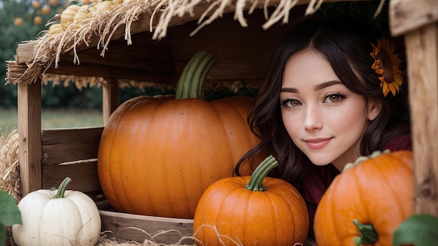 A woman in a pumpkin patch