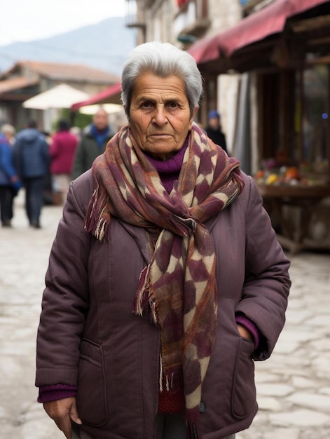 Photo a woman in a purple coat is standing in front of a building