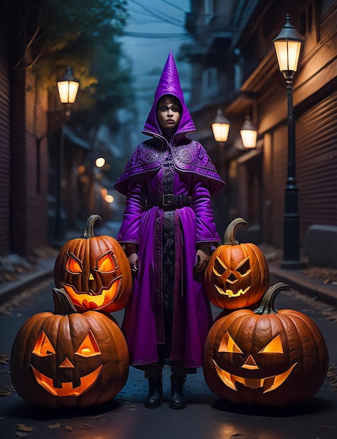 A woman in a purple costume stands in front of pumpkins