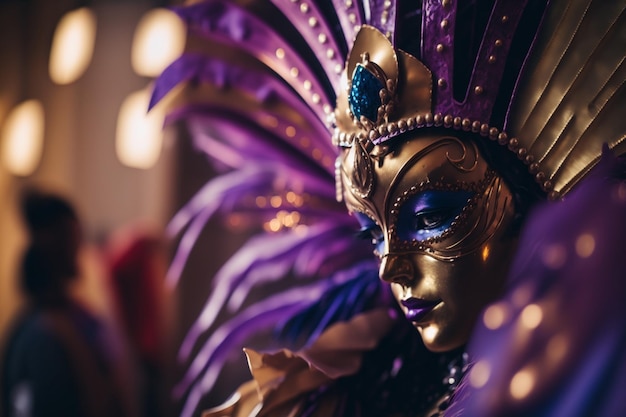 A woman in a purple costume with a gold mask on it.