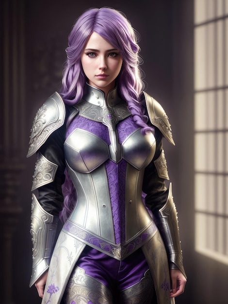 A woman in a purple costume with a sword and a shield.