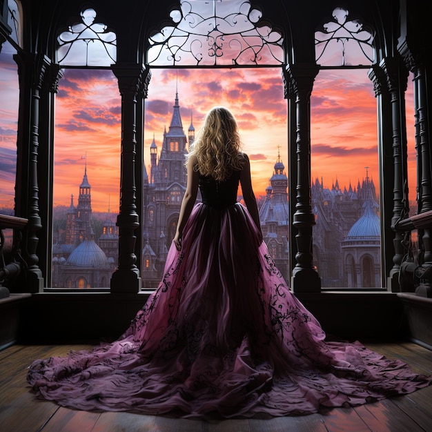 a woman in a purple dress is looking out a window with a sunset in the background