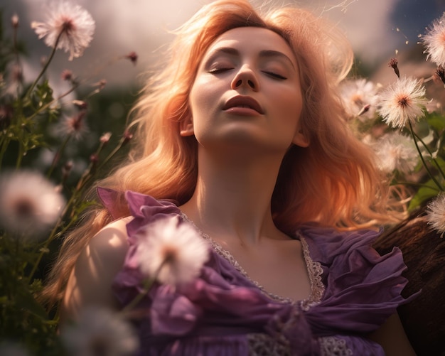 a woman in a purple dress is surrounded by dandelions