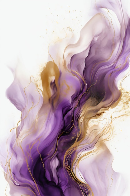 A woman in a purple dress is surrounded by gold and white paint.