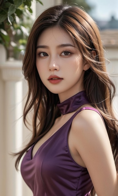 a woman in a purple dress luxury posing for the camera on a simple background