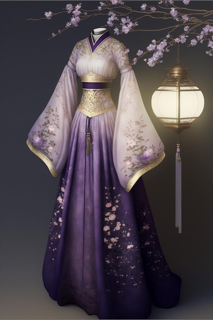 ランプの隣に立つ紫色のドレスを着た女性生成ai