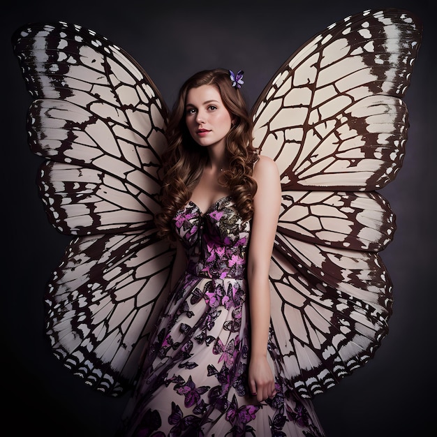 a woman in a purple dress with a butterfly on her shoulder