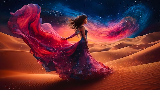 사막에서 흐르는 드레스를 입은 보라색 드레스를 입은 여자