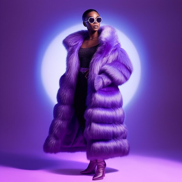 A woman in a purple fur coat and sunglasses stands in front of a purple background