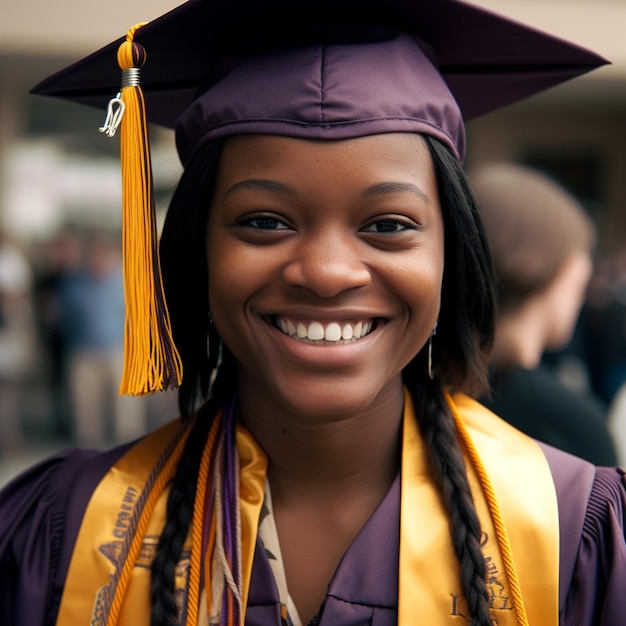 A woman in a purple graduation gown with a yellow tassel