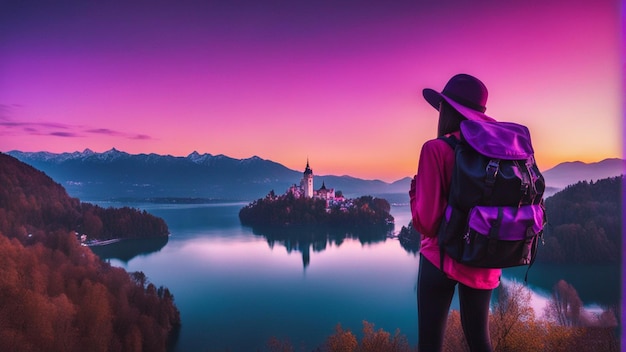 보라색 모자를 입은 여자가 호수와 아름다운 산 풍경 앞에 서 있습니다.