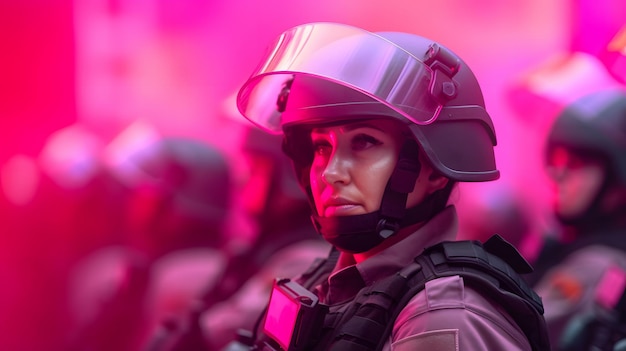 A woman in a purple helmet stands in front of a pink background with the word army on it.