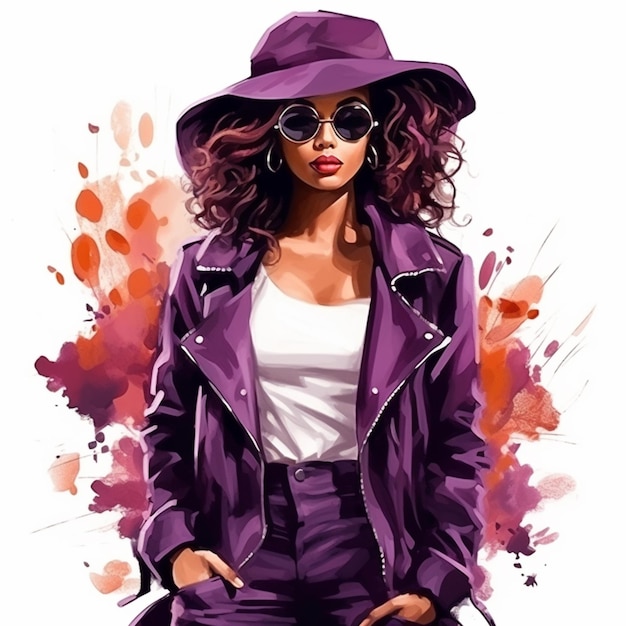 женщина в фиолетовом пиджаке и шляпе с солнцезащитными очками