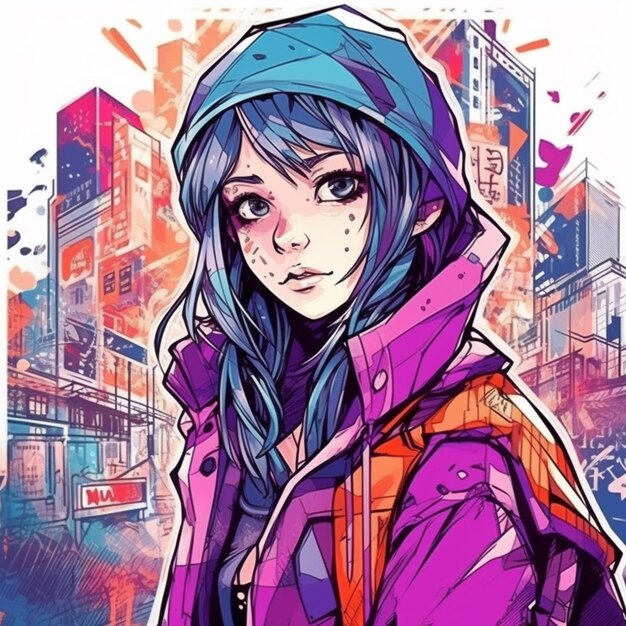 a woman in a purple jacket and hoodie standing in front of a city generative ai