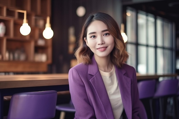 A woman in a purple jacket sits in a bar with a white shirt and black pants.