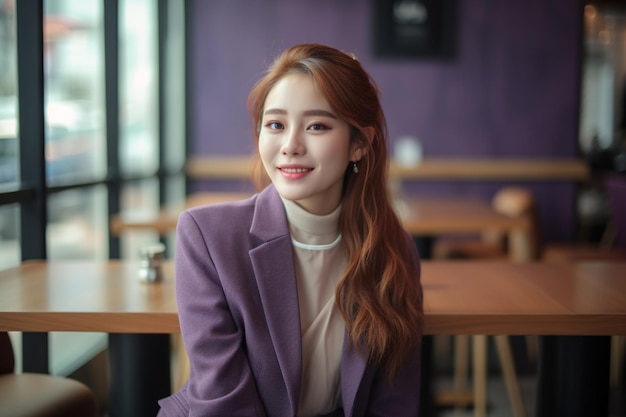 Женщина в фиолетовой куртке сидит в кафе и улыбается в камеру.