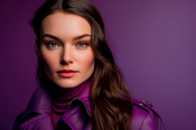 A woman in a purple raincoat with a blue eye