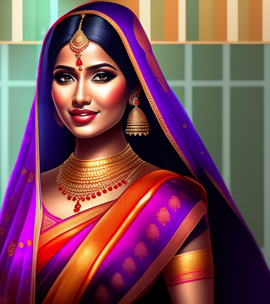 A woman in a purple sari with gold accents and a purple sari.