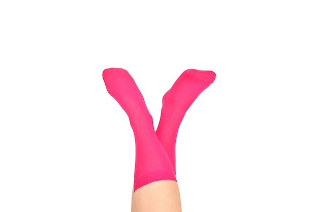 Woman in purple socks isolated on white background. Top view.